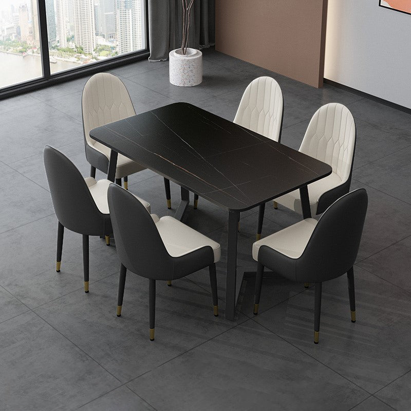 Modern 1/4/5/7 Pieces Dining Room Table Set Sintered Stone Dining Set 7 Pieces: Black-gold Table, 6 Chairs Clearhalo 'Dining Room Sets' 'Dining Tables & Seating' 'dining_room_set' 'furn' 'furn_dining_room_set' 'Furniture' 'furniture_dining_room_set' 'Kitchen & Dining Furniture' 'kitchen&dining_furn' 'kitchen' 4684334