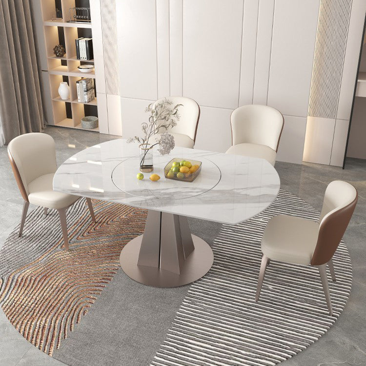 1/2/5/7 Pieces Round Glam Stone Furniture Standard Height Dining Table Set 5 Pieces: Table, 4 White Chairs Clearhalo 'Dining Room Sets' 'Dining Tables & Seating' 'dining_room_set' 'furn' 'furn_dining_room_set' 'Furniture' 'furniture_dining_room_set' 'Kitchen & Dining Furniture' 'kitchen&dining_furn' 'kitchen' 4684374