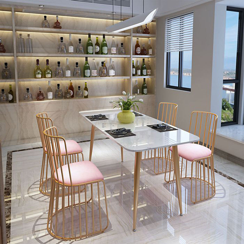 Glam Style 1/4/5 Pieces Dining Set Marble Table Kitchen Set for Dining Room 5 Pieces: Table, 4 Pink Chairs Clearhalo 'Dining Room Sets' 'Dining Tables & Seating' 'dining_room_set' 'furn' 'furn_dining_room_set' 'Furniture' 'furniture_dining_room_set' 'Kitchen & Dining Furniture' 'kitchen&dining_furn' 'kitchen' 4684414