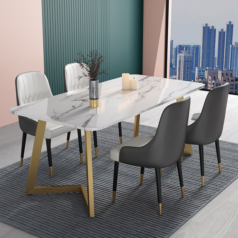 Glam 1/4/5 Pieces Dining Set Rectangle Stone Dining Table for Dining Room 5 Pieces: Table, 4 White Chairs Clearhalo 'Dining Room Sets' 'Dining Tables & Seating' 'dining_room_set' 'furn' 'furn_dining_room_set' 'Furniture' 'furniture_dining_room_set' 'Kitchen & Dining Furniture' 'kitchen&dining_furn' 'kitchen' 4684493