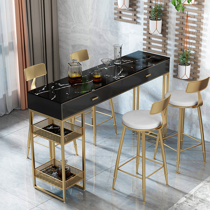 Marble Bistro Bar Desk with Rectangle Table Top White Double Pedestal Table-41.3" H Gold-Black Faux Marble Clearhalo 'Bar Furniture' 'Bar Tables' 'bar_tables' 'furn' 'furn_bar_tables' 'Furniture' 'furniture_bar_tables' 'Kitchen & Dining Furniture' 4684805