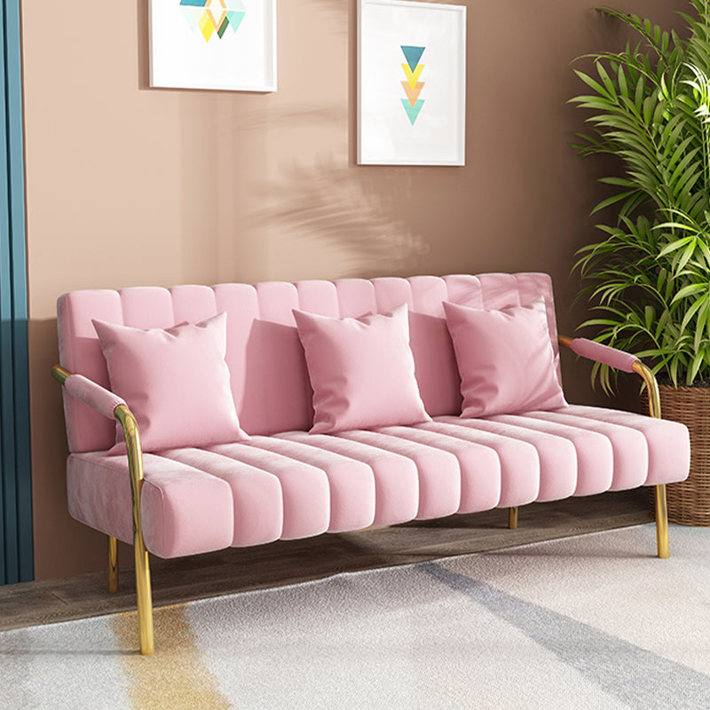 Sewn Pillow Back Velvet Sofa 28.35" High Metal Brass Arm Sofa Pink 28"H x 59"L x 23"W Clearhalo 'Furniture' 'furniture_sofas' 'kitchen' 'kitchen_sofas' 'Living Room Furniture' 'Sofa' 'sofas' 4688970