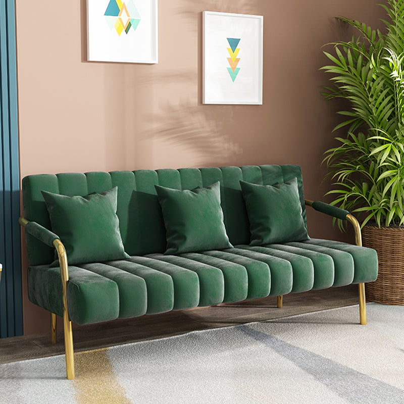 Sewn Pillow Back Velvet Sofa 28.35" High Metal Brass Arm Sofa Blackish Green 28"H x 67"L x 23"W Clearhalo 'Furniture' 'furniture_sofas' 'kitchen' 'kitchen_sofas' 'Living Room Furniture' 'Sofa' 'sofas' 4688972