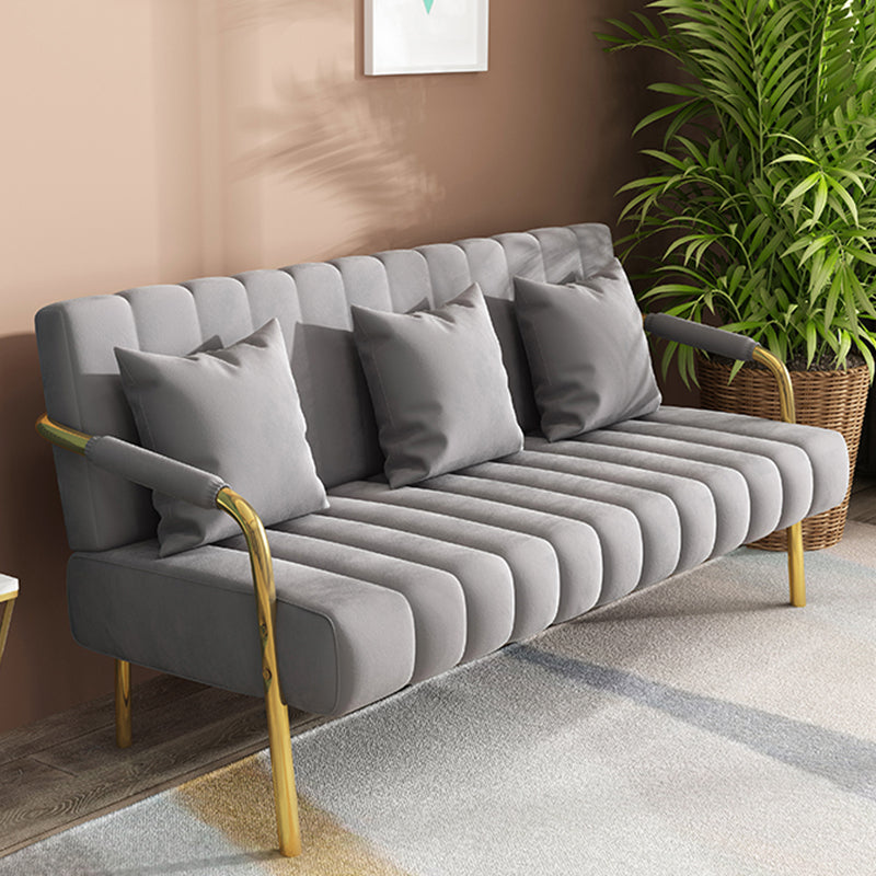 Sewn Pillow Back Velvet Sofa 28.35" High Metal Brass Arm Sofa Grey Clearhalo 'Furniture' 'furniture_sofas' 'kitchen' 'kitchen_sofas' 'Living Room Furniture' 'Sofa' 'sofas' 4688974