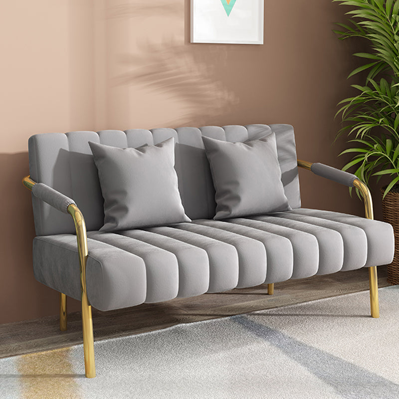 Sewn Pillow Back Velvet Sofa 28.35" High Metal Brass Arm Sofa Grey 28"H x 47"L x 23"W Clearhalo 'Furniture' 'furniture_sofas' 'kitchen' 'kitchen_sofas' 'Living Room Furniture' 'Sofa' 'sofas' 4688976