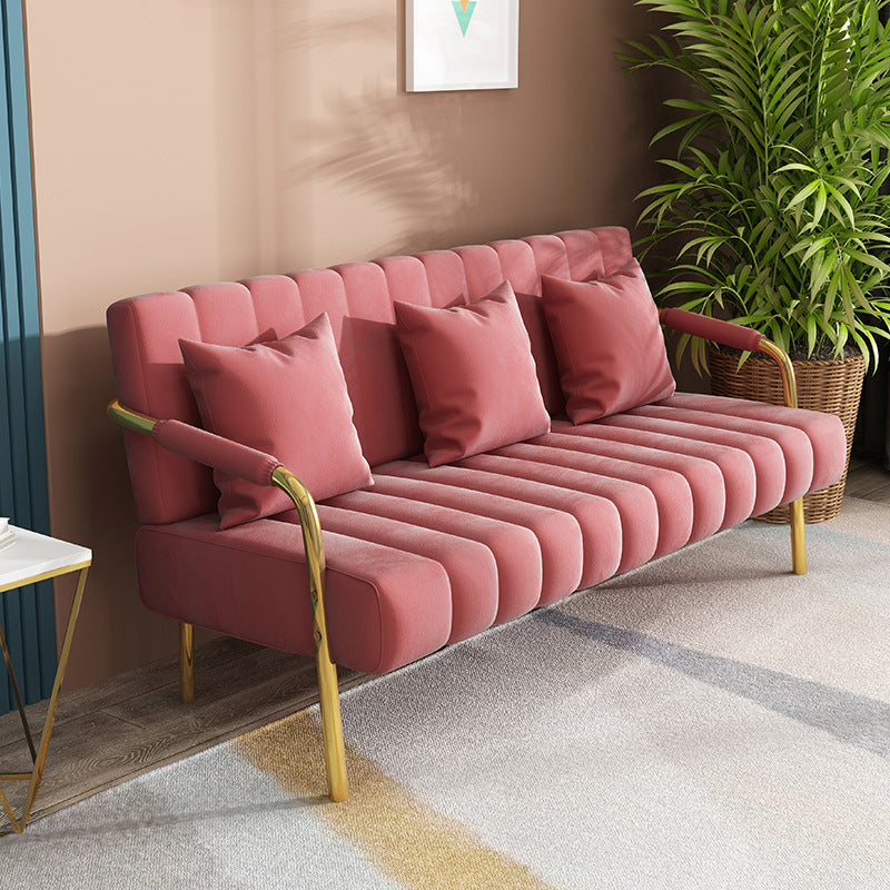 Sewn Pillow Back Velvet Sofa 28.35" High Metal Brass Arm Sofa Rose Red Clearhalo 'Furniture' 'furniture_sofas' 'kitchen' 'kitchen_sofas' 'Living Room Furniture' 'Sofa' 'sofas' 4688982
