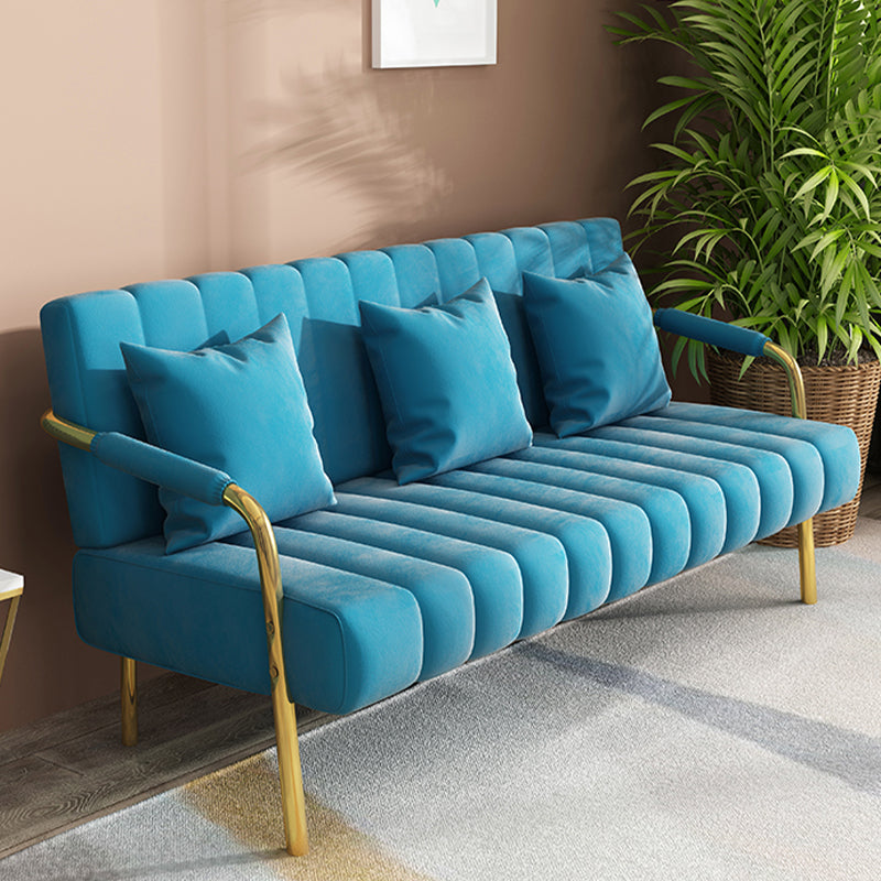 Sewn Pillow Back Velvet Sofa 28.35" High Metal Brass Arm Sofa Sky Blue Clearhalo 'Furniture' 'furniture_sofas' 'kitchen' 'kitchen_sofas' 'Living Room Furniture' 'Sofa' 'sofas' 4688983