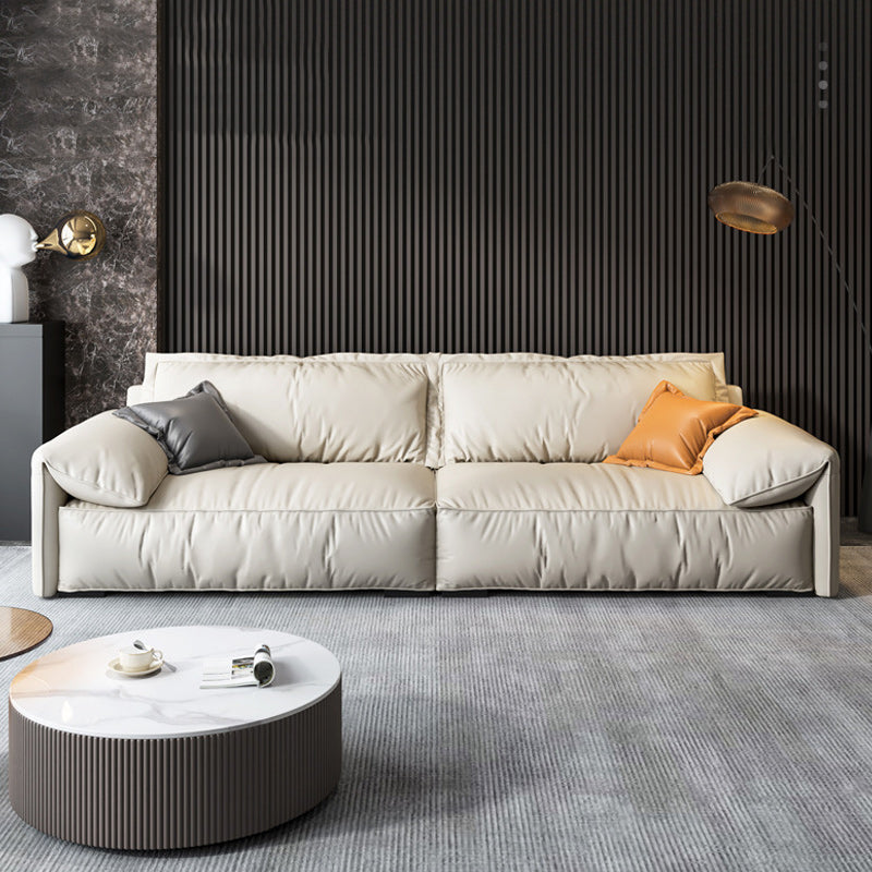 Living Room Faux Leather Pillow Top Arm Standard Contemporary Beige Sofa 94.5"L x 48"W x 33.5"H Clearhalo 'furn' 'furn_sofas' 'Furniture' 'furniture_sofas' 'kitchen' 'kitchen_sofas' 'Living Room Furniture' 'Sofa' 'sofas' 4689176