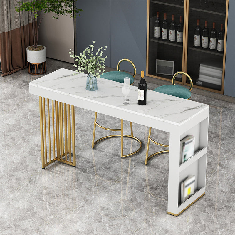 Marble Table with Rectangle Table Top Gold Double Pedestal Table- 41.3" H Clearhalo 'Bar Furniture' 'Bar Tables' 'bar_tables' 'furn' 'furn_bar_tables' 'Furniture' 'furniture_bar_tables' 'Kitchen & Dining Furniture' 4692045
