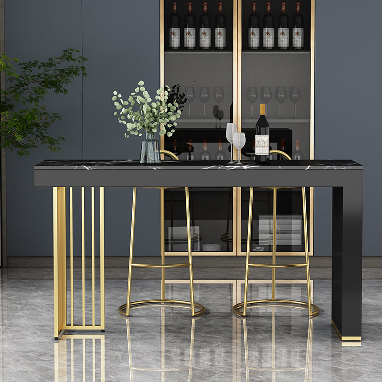 Marble Table with Rectangle Table Top Gold Double Pedestal Table- 41.3" H Clearhalo 'Bar Furniture' 'Bar Tables' 'bar_tables' 'furn' 'furn_bar_tables' 'Furniture' 'furniture_bar_tables' 'Kitchen & Dining Furniture' 4692048
