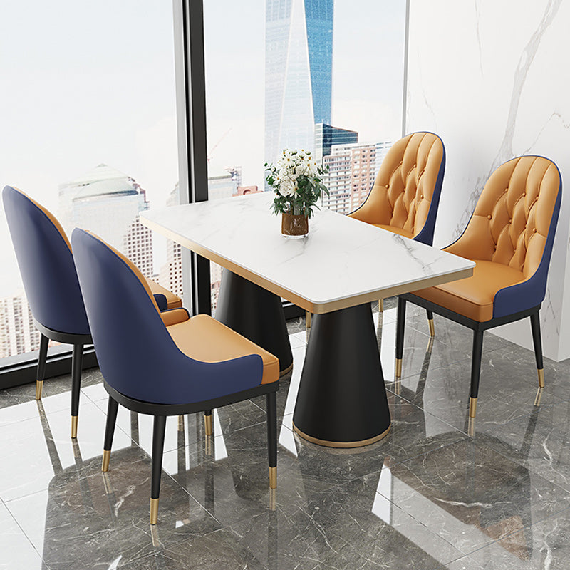 Leather Upholstered Chair Set Scandinavian 1/2/5 Pieces White Dining Table and Chairs 5 Pieces: White Table, 4 Orange Chairs Clearhalo 'Dining Room Sets' 'Dining Tables & Seating' 'dining_room_set' 'furn' 'furn_dining_room_set' 'Furniture' 'furniture_dining_room_set' 'Kitchen & Dining Furniture' 'kitchen&dining_furn' 'kitchen' 4692968