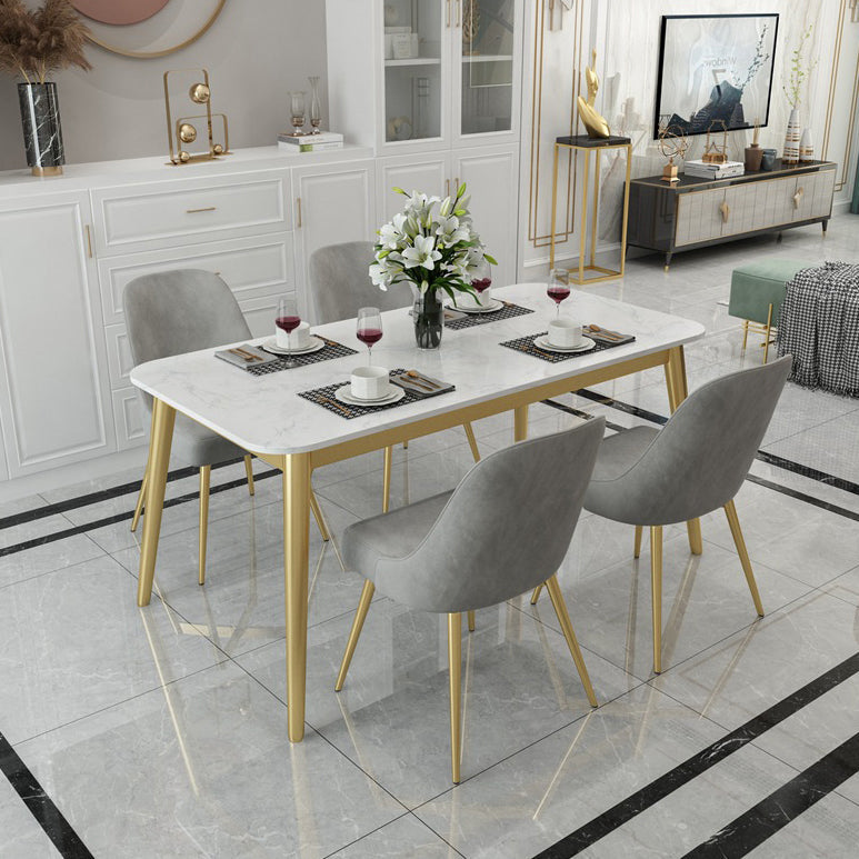 Glam Style 1/4/5 Pieces Dining Set White-gold Table Kitchen Set for Dining Room 5 Pieces: Table, 4 Grey Chairs Clearhalo 'Dining Room Sets' 'Dining Tables & Seating' 'dining_room_set' 'furn' 'furn_dining_room_set' 'Furniture' 'furniture_dining_room_set' 'Kitchen & Dining Furniture' 'kitchen&dining_furn' 'kitchen' 4693088