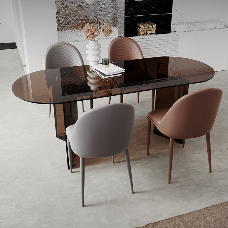 Glass Contemporary Oval Dining Table Clear Glass Top Table with Double Pedestal Brown 63"L x 31.5"W x 29.5"H Without Chairs Clearhalo ' dining_table' 'Dining Tables & Seating' 'Dining Tables' 'furn' 'furn_dining_table' 'Furniture' 'furniture_dining_table' 'Kitchen & Dining Furniture' 'kitchen&dining_furn' 'kitchen' 'kitchen_dining_table' 4693286