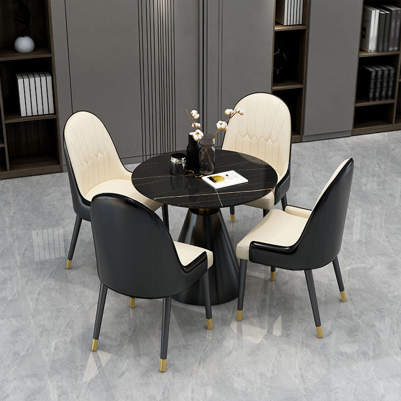 Sintered Stone Dining Table Modern Round Dining Table with Pedestal Base Black Gold 31.5"L x 31.5"W x 29.5"H Without Chairs Clearhalo ' dining_table' 'Dining Tables & Seating' 'Dining Tables' 'furn' 'furn_dining_table' 'Furniture' 'furniture_dining_table' 'Kitchen & Dining Furniture' 'kitchen&dining_furn' 'kitchen' 'kitchen_dining_table' 4693437