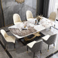 Stone Top Dining Table Modern Rectangle Dining Table with Gold Pedestal Base Gold 63"L x 35.4"W x 29.5"H Without Chairs Clearhalo ' dining_table' 'Dining Tables & Seating' 'Dining Tables' 'furn' 'furn_dining_table' 'Furniture' 'furniture_dining_table' 'Kitchen & Dining Furniture' 'kitchen&dining_furn' 'kitchen' 'kitchen_dining_table' 4693658