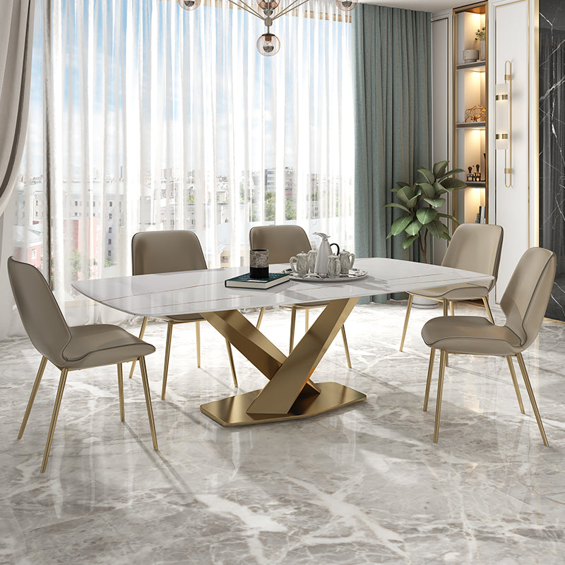 Rectangle Sintered Stone Top Dining Table Luxury Table with Pedestal Base White Gold 55.1"L x 31.5"W x 29.5"H Without Chairs Clearhalo ' dining_table' 'Dining Tables & Seating' 'Dining Tables' 'furn' 'furn_dining_table' 'Furniture' 'furniture_dining_table' 'Kitchen & Dining Furniture' 'kitchen&dining_furn' 'kitchen' 'kitchen_dining_table' 4693693