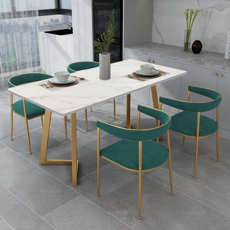 Sintered Stone Top Dining Table Rectangle Table with Double Pedestal for Restaurant White Gold 55.1"L x 31.5"W x 29.5"H Clearhalo ' dining_table' 'Dining Tables & Seating' 'Dining Tables' 'furn' 'furn_dining_table' 'Furniture' 'furniture_dining_table' 'Kitchen & Dining Furniture' 'kitchen&dining_furn' 'kitchen' 'kitchen_dining_table' 4693710