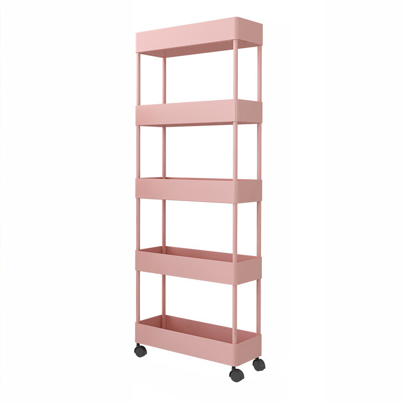 Contemporary Style Bookshelf Home Office Bookcase with Casters Pink Clearhalo 'Bookcases' 'furn' 'furn_bookcases' 'Furniture' 'furniture_bookcases' 'kitchen' 'kitchen_bookcases' 'Living Room Furniture' 'Office Furniture' 4698618