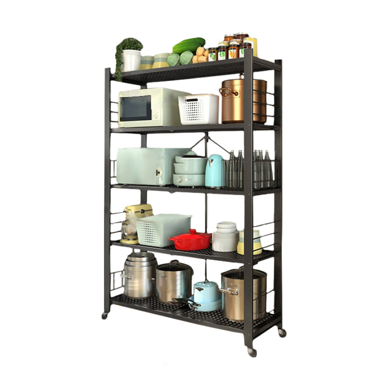 Contemporary Folding Steel Etagere Bookshelf with Caster Wheels 39.8"L x 16.1"W x 63"H Black Clearhalo 'Bookcases' 'furn' 'furn_bookcases' 'Furniture' 'furniture_bookcases' 'kitchen' 'kitchen_bookcases' 'Living Room Furniture' 'Office Furniture' 4700561