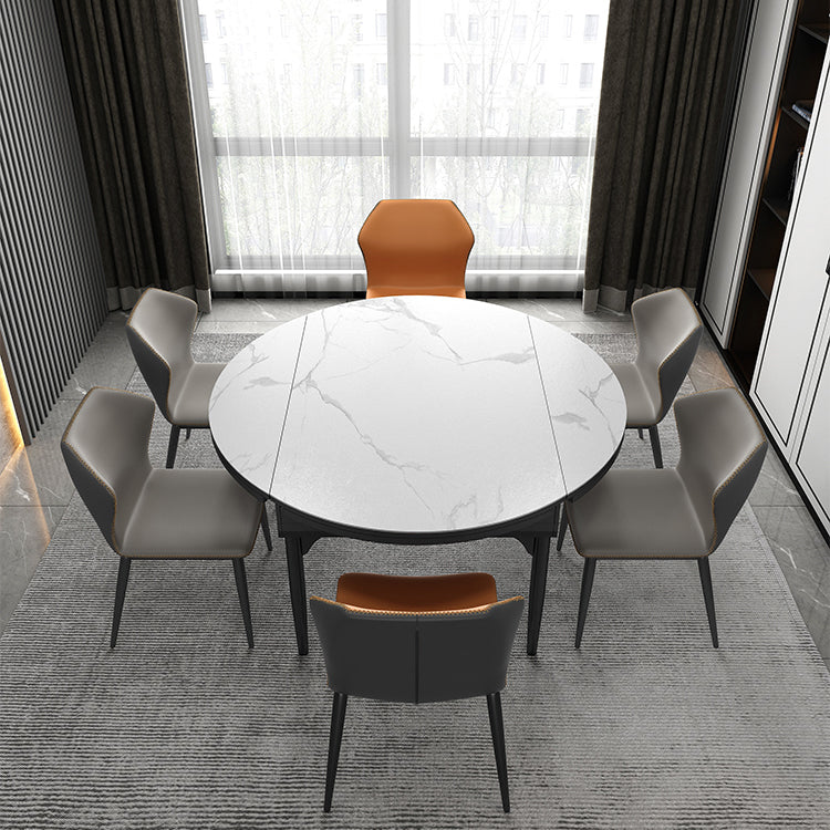 Modern 1/4/5/6/7/9 Pieces White Dining Table Set with Sintered Stone Top Round Dinette Set 7 Pieces: Table, 4 Grey+2 Orange Chairs Clearhalo 'Dining Room Sets' 'Dining Tables & Seating' 'dining_room_set' 'furn' 'furn_dining_room_set' 'Furniture' 'furniture_dining_room_set' 'Kitchen & Dining Furniture' 4706368