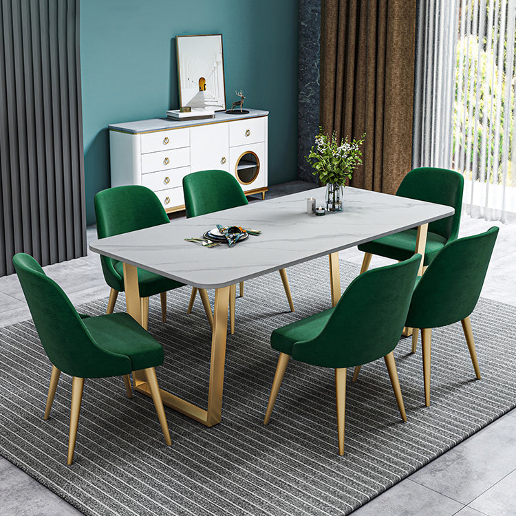 Nordic 1/2/5/7 Pieces Dining Set Sintered Stone Dining Table with Chairs 7 Pieces: White Table, 6 Green Chairs Clearhalo 'Dining Room Sets' 'Dining Tables & Seating' 'dining_room_set' 'furn' 'furn_dining_room_set' 'Furniture' 'furniture_dining_room_set' 'Kitchen & Dining Furniture' 4706443