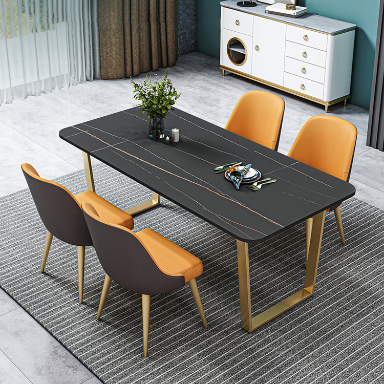 Nordic 1/2/5/7 Pieces Dining Set Sintered Stone Dining Table with Chairs 5 Pieces: Black Table, 4 Orange Chairs Clearhalo 'Dining Room Sets' 'Dining Tables & Seating' 'dining_room_set' 'furn' 'furn_dining_room_set' 'Furniture' 'furniture_dining_room_set' 'Kitchen & Dining Furniture' 4706451