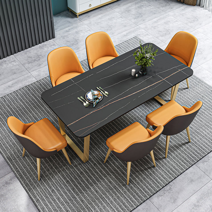 Nordic 1/2/5/7 Pieces Dining Set Sintered Stone Dining Table with Chairs 7 Pieces: Black Table, 6 Orange Chairs Clearhalo 'Dining Room Sets' 'Dining Tables & Seating' 'dining_room_set' 'furn' 'furn_dining_room_set' 'Furniture' 'furniture_dining_room_set' 'Kitchen & Dining Furniture' 4706452