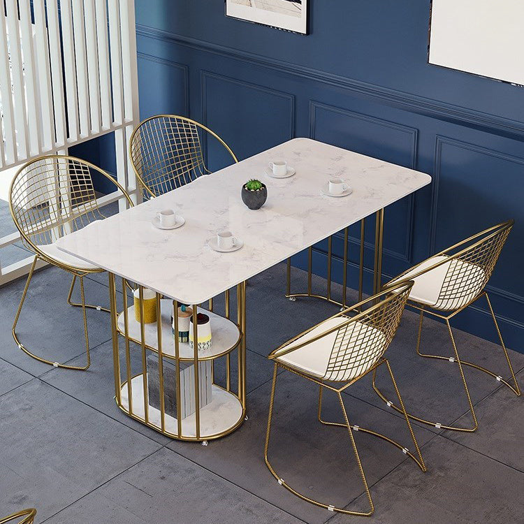 Glam 1/2/5 Pieces Dining Set Rectangle Stone Dining Table Set for Kitchen 5 Pieces: Table, 4 White Chairs Clearhalo 'Dining Room Sets' 'Dining Tables & Seating' 'dining_room_set' 'furn' 'furn_dining_room_set' 'Furniture' 'furniture_dining_room_set' 'Kitchen & Dining Furniture' 4706557