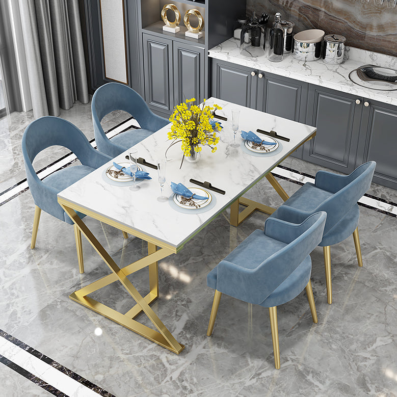 Glam 1/5 Pieces Dining Set Rectangle Stone Dining Table for Kitchen 5 Pieces: Table, 4 Blue Chairs Clearhalo 'Dining Room Sets' 'Dining Tables & Seating' 'dining_room_set' 'furn' 'furn_dining_room_set' 'Furniture' 'furniture_dining_room_set' 'Kitchen & Dining Furniture' 4706638
