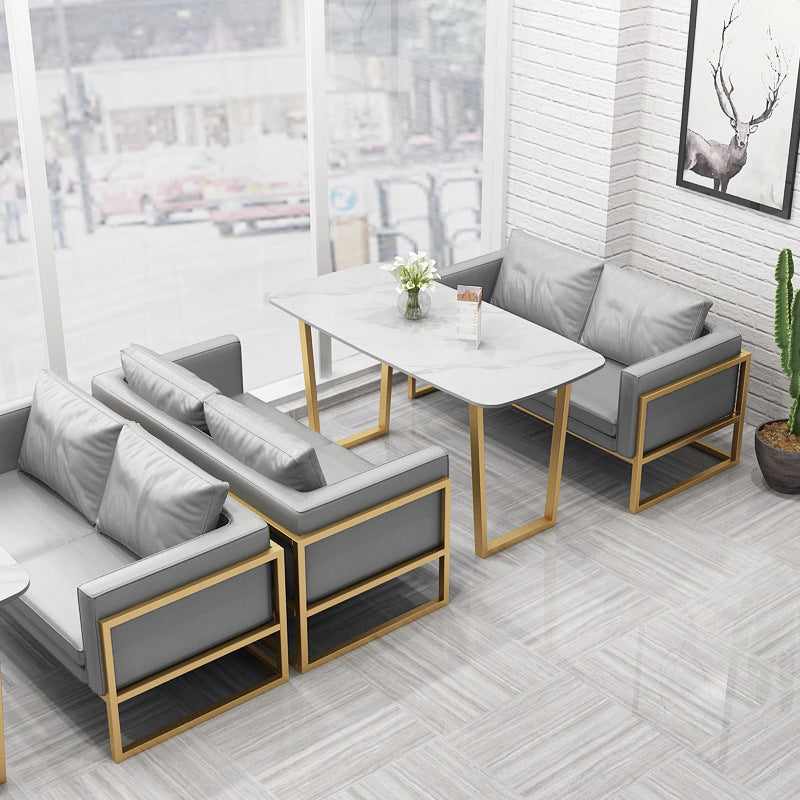 Industrial Style Dining Table Sintered Stone Sled Dining Table with Gold Frame White 63"L x 31.5"W x 29.5"H Without Chairs Clearhalo 'Dining Tables & Seating' 'Dining Tables' 'dining_table' 'furn' 'furn_dining_table' 'Furniture' 'furniture_dining_table' 'Kitchen & Dining Furniture' 'kitchen' 'kitchen_dining_table' 4706753
