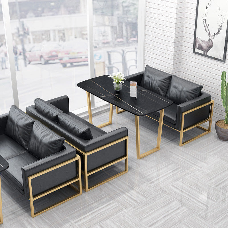 Industrial Style Dining Table Sintered Stone Sled Dining Table with Gold Frame Black 63"L x 31.5"W x 29.5"H Without Chairs Clearhalo 'Dining Tables & Seating' 'Dining Tables' 'dining_table' 'furn' 'furn_dining_table' 'Furniture' 'furniture_dining_table' 'Kitchen & Dining Furniture' 'kitchen' 'kitchen_dining_table' 4706756