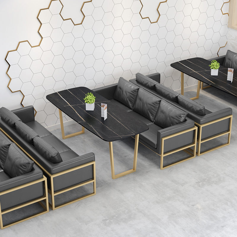 Industrial Style Dining Table Sintered Stone Sled Dining Table with Gold Frame Black 47.2"L x 23.6"W x 29.5"H Without Chairs Clearhalo 'Dining Tables & Seating' 'Dining Tables' 'dining_table' 'furn' 'furn_dining_table' 'Furniture' 'furniture_dining_table' 'Kitchen & Dining Furniture' 'kitchen' 'kitchen_dining_table' 4706758