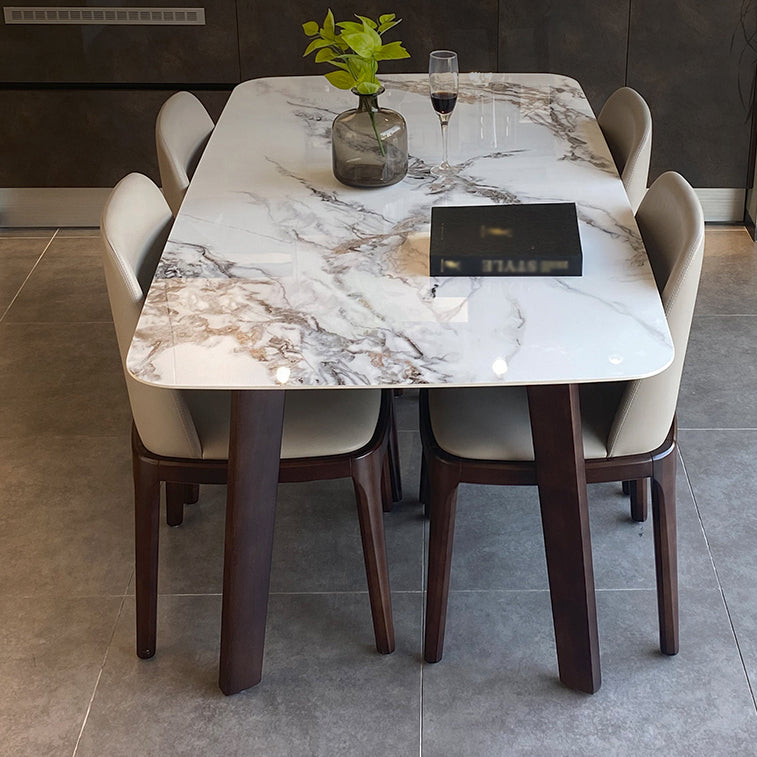 Modern Rectangle Dining Table Stone Top Walnut Tripod Base Dining Table White Grey 55.1"L x 31.5"W x 29.5"H Without Chairs Clearhalo 'Dining Tables & Seating' 'Dining Tables' 'dining_table' 'furn' 'furn_dining_table' 'Furniture' 'furniture_dining_table' 'Kitchen & Dining Furniture' 'kitchen' 'kitchen_dining_table' 4706945