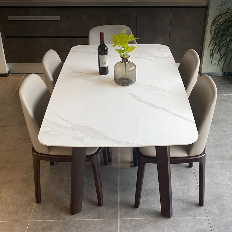 Modern Rectangle Dining Table Stone Top Walnut Tripod Base Dining Table White Without Chairs Clearhalo 'Dining Tables & Seating' 'Dining Tables' 'dining_table' 'furn' 'furn_dining_table' 'Furniture' 'furniture_dining_table' 'Kitchen & Dining Furniture' 'kitchen' 'kitchen_dining_table' 4706948