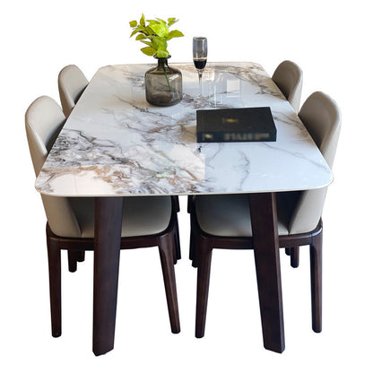 Modern Rectangle Dining Table Stone Top Walnut Tripod Base Dining Table White Grey Without Chairs Clearhalo 'Dining Tables & Seating' 'Dining Tables' 'dining_table' 'furn' 'furn_dining_table' 'Furniture' 'furniture_dining_table' 'Kitchen & Dining Furniture' 'kitchen' 'kitchen_dining_table' 4706949