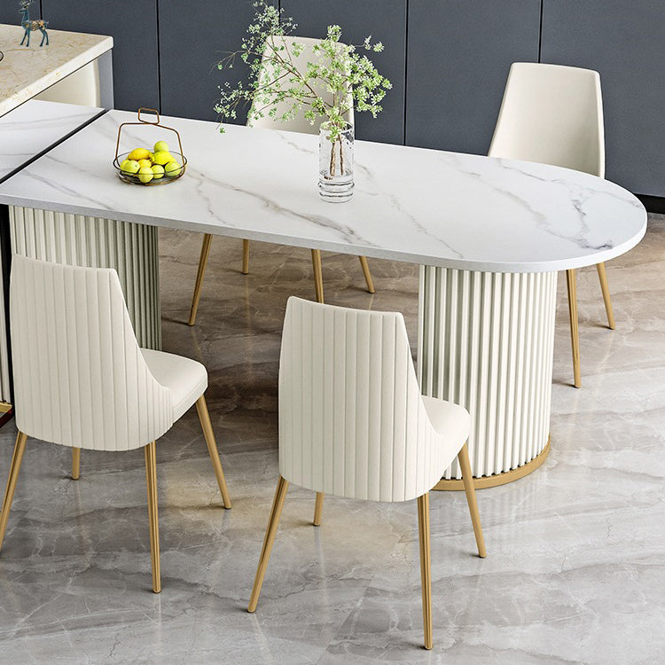 Stone White Top Dining Table Modern Dining Table with Double Pedestal Base White 55.1"L x 31.5"W x 29.5"H Clearhalo 'Dining Tables & Seating' 'Dining Tables' 'dining_table' 'furn' 'furn_dining_table' 'Furniture' 'furniture_dining_table' 'Kitchen & Dining Furniture' 'kitchen' 'kitchen_dining_table' 4706975