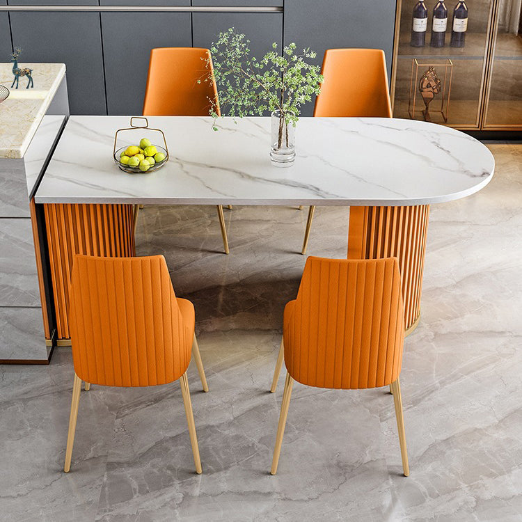 Stone White Top Dining Table Modern Dining Table with Double Pedestal Base Free Form Orange 55.1"L x 31.5"W x 29.5"H Clearhalo 'Dining Tables & Seating' 'Dining Tables' 'dining_table' 'furn' 'furn_dining_table' 'Furniture' 'furniture_dining_table' 'Kitchen & Dining Furniture' 'kitchen' 'kitchen_dining_table' 4706976
