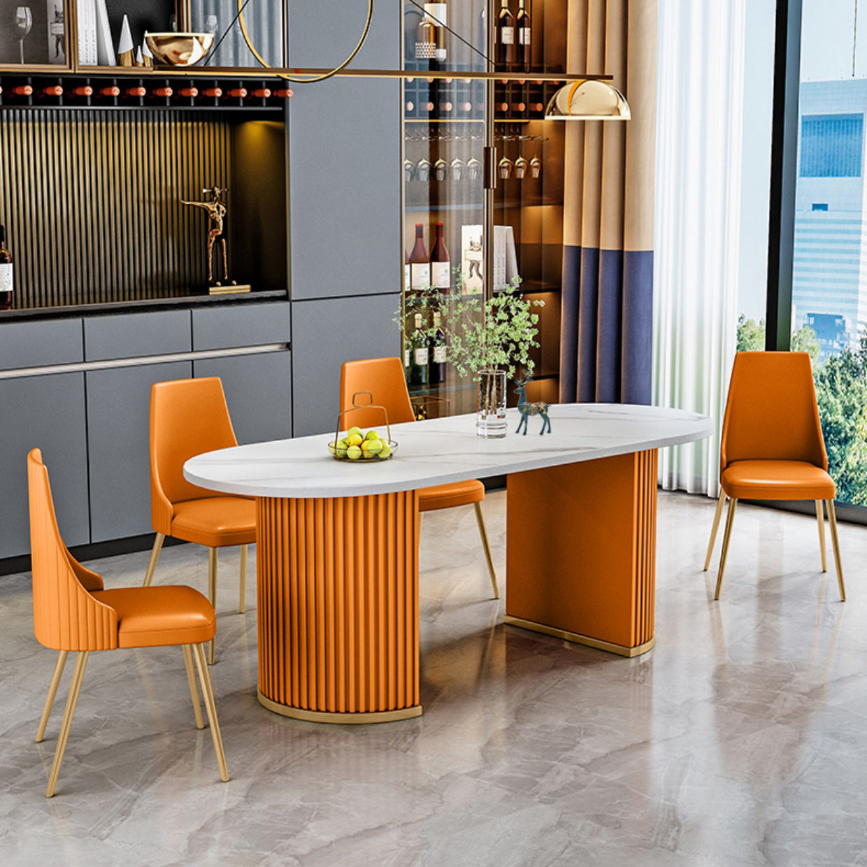 Stone White Top Dining Table Modern Dining Table with Double Pedestal Base Oval Orange 78.7"L x 31.5"W x 29.5"H Clearhalo 'Dining Tables & Seating' 'Dining Tables' 'dining_table' 'furn' 'furn_dining_table' 'Furniture' 'furniture_dining_table' 'Kitchen & Dining Furniture' 'kitchen' 'kitchen_dining_table' 4706978