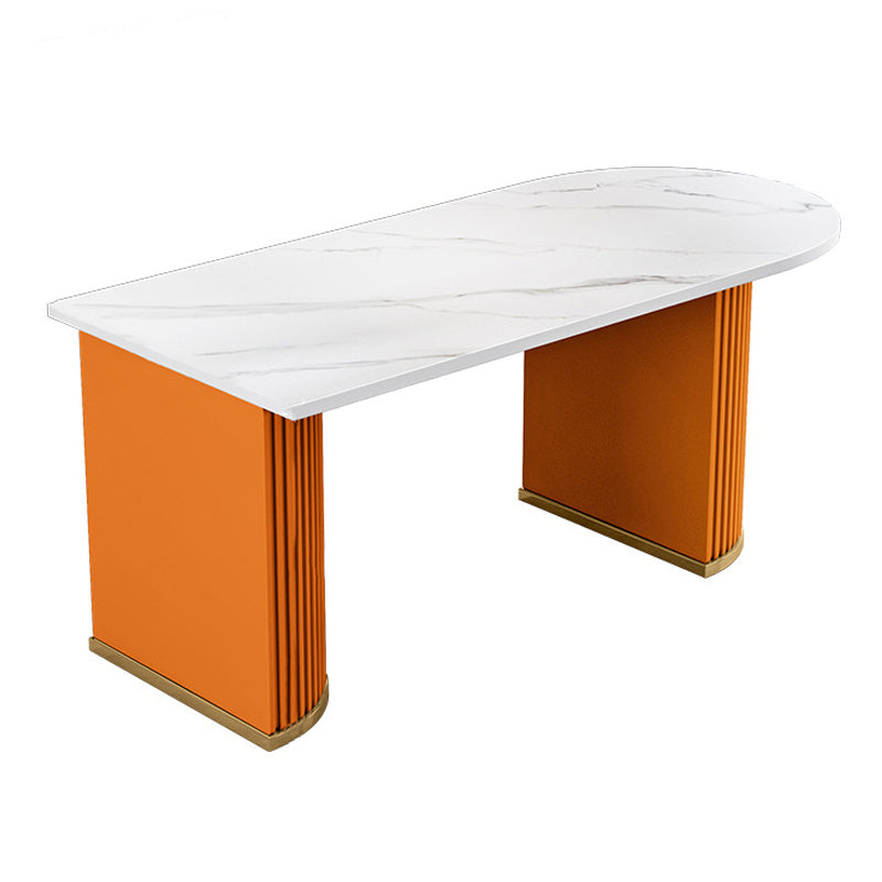 Stone White Top Dining Table Modern Dining Table with Double Pedestal Base Free Form Orange Clearhalo 'Dining Tables & Seating' 'Dining Tables' 'dining_table' 'furn' 'furn_dining_table' 'Furniture' 'furniture_dining_table' 'Kitchen & Dining Furniture' 'kitchen' 'kitchen_dining_table' 4706979