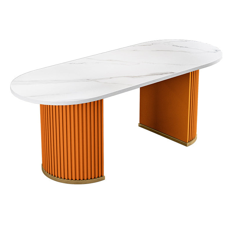 Stone White Top Dining Table Modern Dining Table with Double Pedestal Base Oval Orange Clearhalo 'Dining Tables & Seating' 'Dining Tables' 'dining_table' 'furn' 'furn_dining_table' 'Furniture' 'furniture_dining_table' 'Kitchen & Dining Furniture' 'kitchen' 'kitchen_dining_table' 4706982