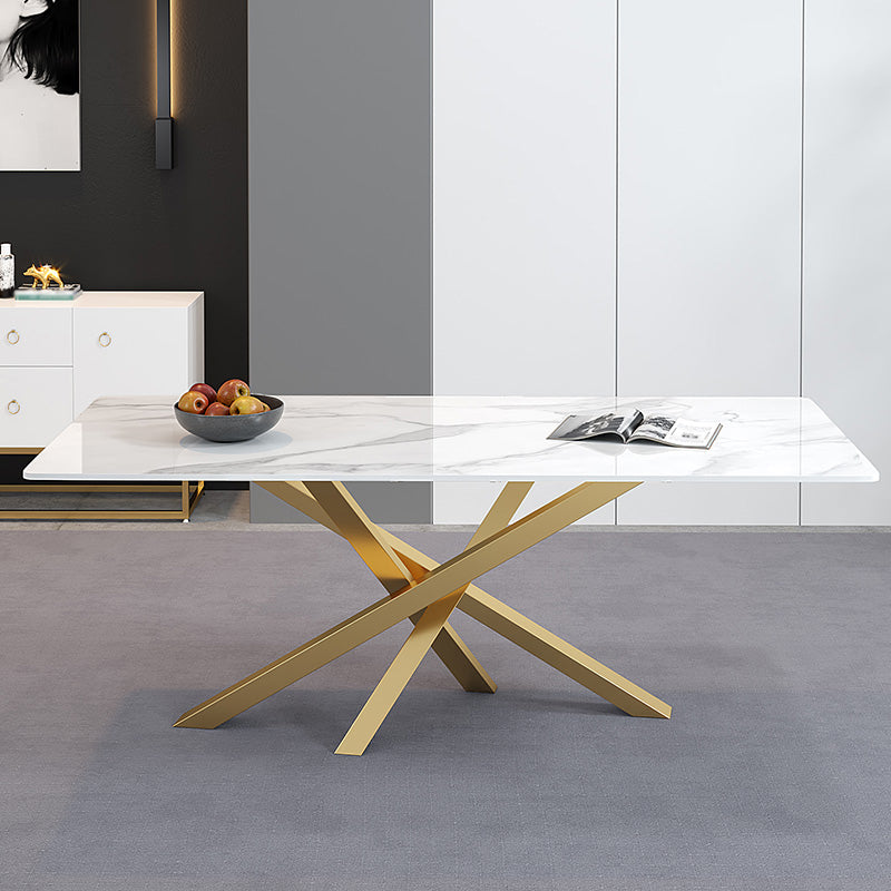 Luxury Sintered Stone Top Dining Table Rectangle Table with Metal Pedestal White Without Chairs Clearhalo 'Dining Tables & Seating' 'Dining Tables' 'dining_table' 'furn' 'furn_dining_table' 'Furniture' 'furniture_dining_table' 'Kitchen & Dining Furniture' 'kitchen' 'kitchen_dining_table' 4707033