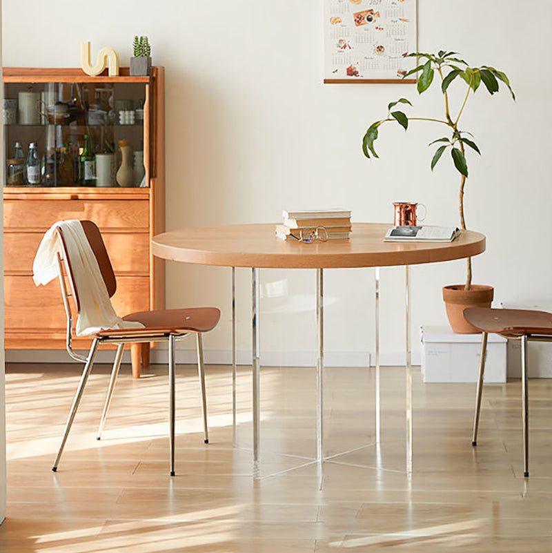 Pine and Acrylic Round Dining Table Modern Natural Dinner Table Kitchen Home Pedestal 43.3"L x 43.3"W x 29.5"H Without Chairs Clearhalo 'Dining Tables & Seating' 'Dining Tables' 'dining_table' 'furn' 'furn_dining_table' 'Furniture' 'furniture_dining_table' 'Kitchen & Dining Furniture' 'kitchen' 'kitchen_dining_table' 4707146