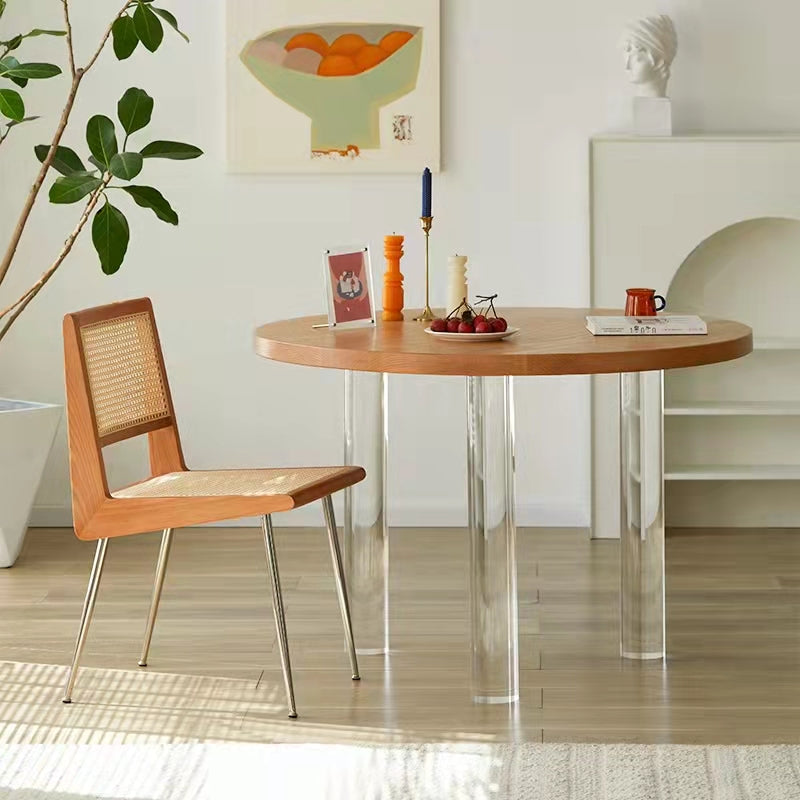 Pine and Acrylic Round Dining Table Modern Natural Dinner Table Kitchen Home Legs 35.4"L x 35.4"W x 29.5"H Without Chairs Clearhalo 'Dining Tables & Seating' 'Dining Tables' 'dining_table' 'furn' 'furn_dining_table' 'Furniture' 'furniture_dining_table' 'Kitchen & Dining Furniture' 'kitchen' 'kitchen_dining_table' 4707148