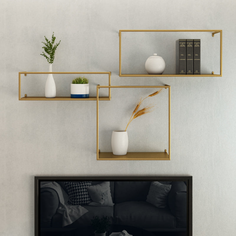 Iron Closed Back Bookshelf Gold and Black Industrial Wall Unit Bookshelf Gold 3 Piece Set Clearhalo 'Bookcases' 'furn' 'furn_bookcases' 'Furniture' 'furniture_bookcases' 'kitchen' 'kitchen_bookcases' 'Living Room Furniture' 'Office Furniture' 4708199