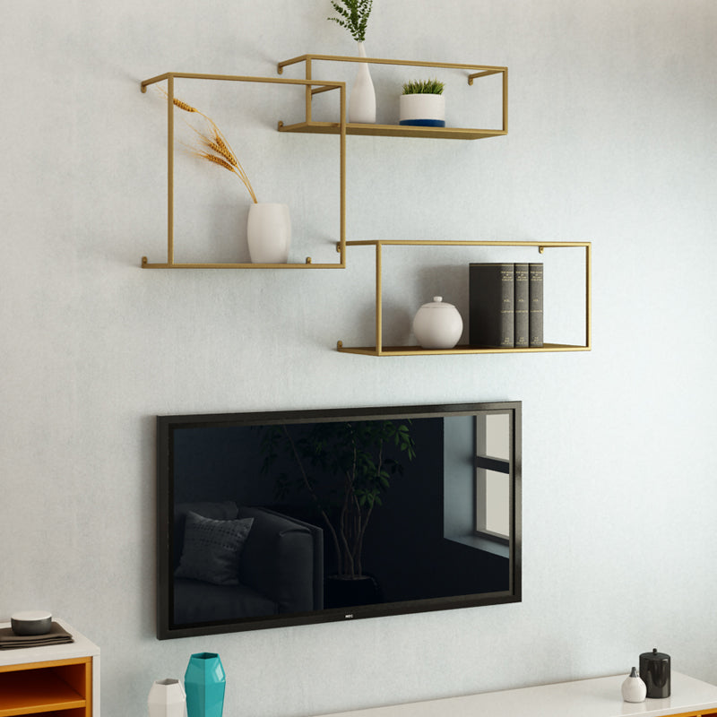 Iron Closed Back Bookshelf Gold and Black Industrial Wall Unit Bookshelf Clearhalo 'Bookcases' 'furn' 'furn_bookcases' 'Furniture' 'furniture_bookcases' 'kitchen' 'kitchen_bookcases' 'Living Room Furniture' 'Office Furniture' 4708201