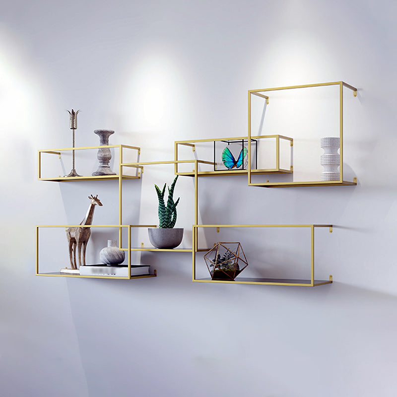 Gold/Black Wall Mounted Bookshelf Iron Modern Closed Back Shelf 61"L x 7.9"W x 31.5"H Gold 6 Piece Set Clearhalo 'Bookcases' 'furn' 'furn_bookcases' 'Furniture' 'furniture_bookcases' 'kitchen' 'kitchen_bookcases' 'Living Room Furniture' 'Office Furniture' 4708721
