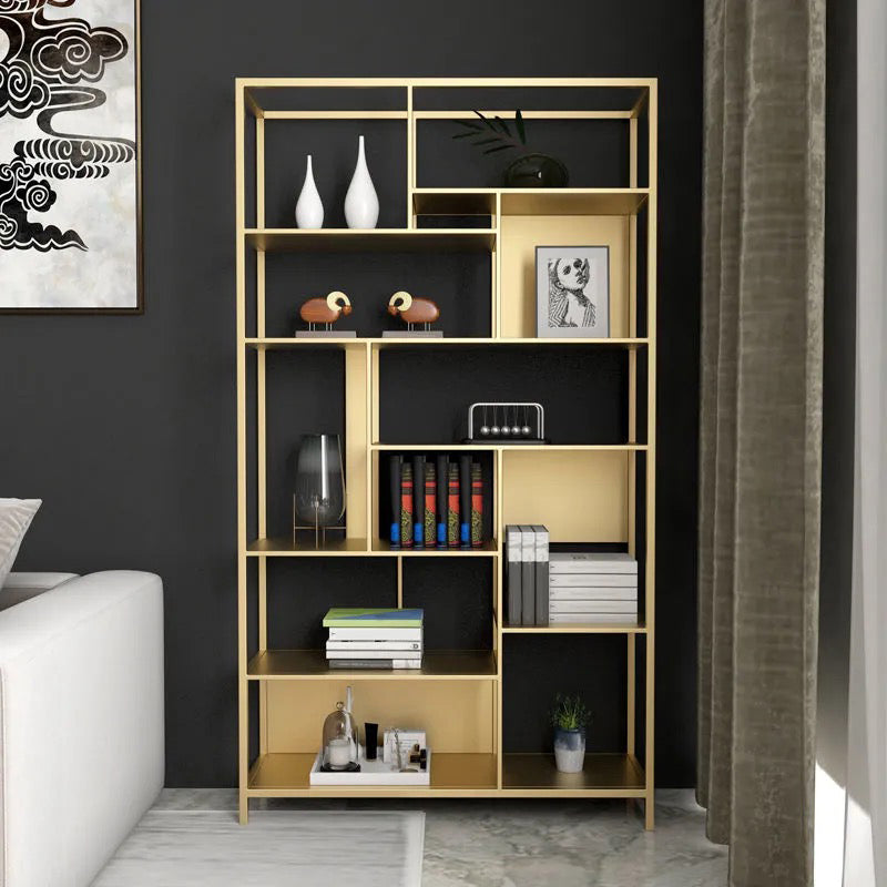 Open Etagere Bookcase Modern Style Shelf Bookcase with Metal Material 39.4"L x 11.8"W x 70.9"H Gold Clearhalo 'Bookcases' 'furn' 'furn_bookcases' 'Furniture' 'furniture_bookcases' 'kitchen' 'kitchen_bookcases' 'Living Room Furniture' 'Office Furniture' 4709056