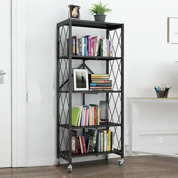 Industrial Open Etagere Bookshelf Metal Bookshelf with Caster Wheels 28.1"L x 14.4"W x 64.2"H Black Clearhalo 'Bookcases' 'furn' 'furn_bookcases' 'Furniture' 'furniture_bookcases' 'kitchen' 'kitchen_bookcases' 'Living Room Furniture' 'Office Furniture' 4718774
