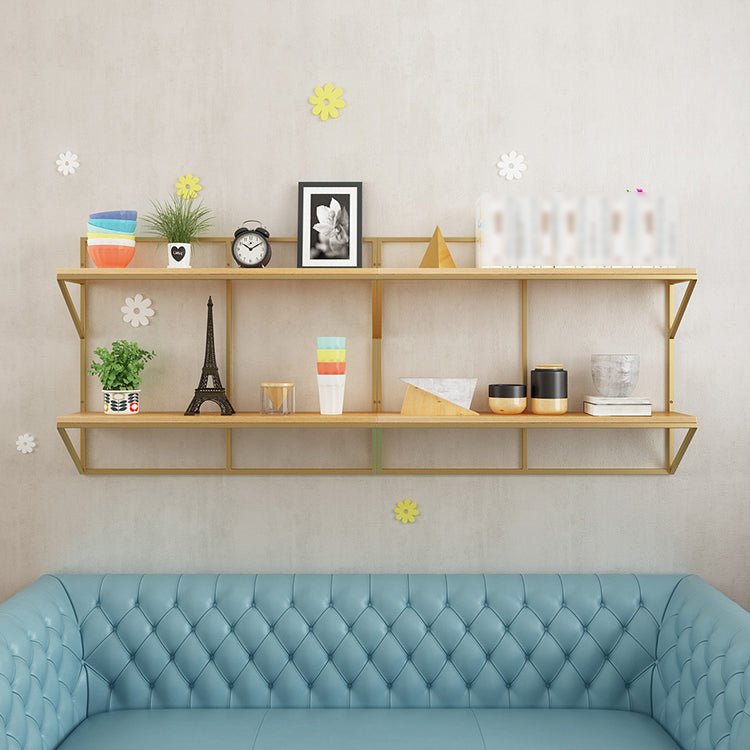 Glam Wall Mounted Bookshelf Iron Frame Glass and Pine Shelf Bookshelf 78.7"L x 7.9"W x 23.6"H Natural Clearhalo 'Bookcases' 'furn' 'furn_bookcases' 'Furniture' 'furniture_bookcases' 'kitchen' 'kitchen_bookcases' 'Living Room Furniture' 'Office Furniture' 4718850
