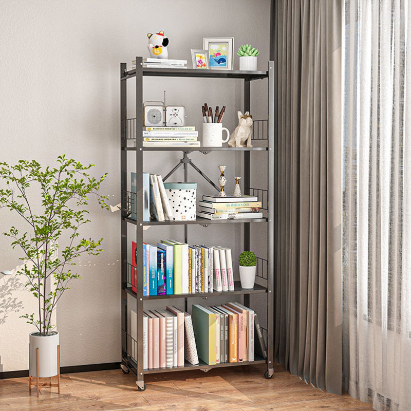 Contemporary Folding Steel Etagere Bookshelf with Caster Wheels Clearhalo 'Bookcases' 'furn' 'furn_bookcases' 'Furniture' 'furniture_bookcases' 'kitchen' 'kitchen_bookcases' 'Living Room Furniture' 'Office Furniture' 4727123